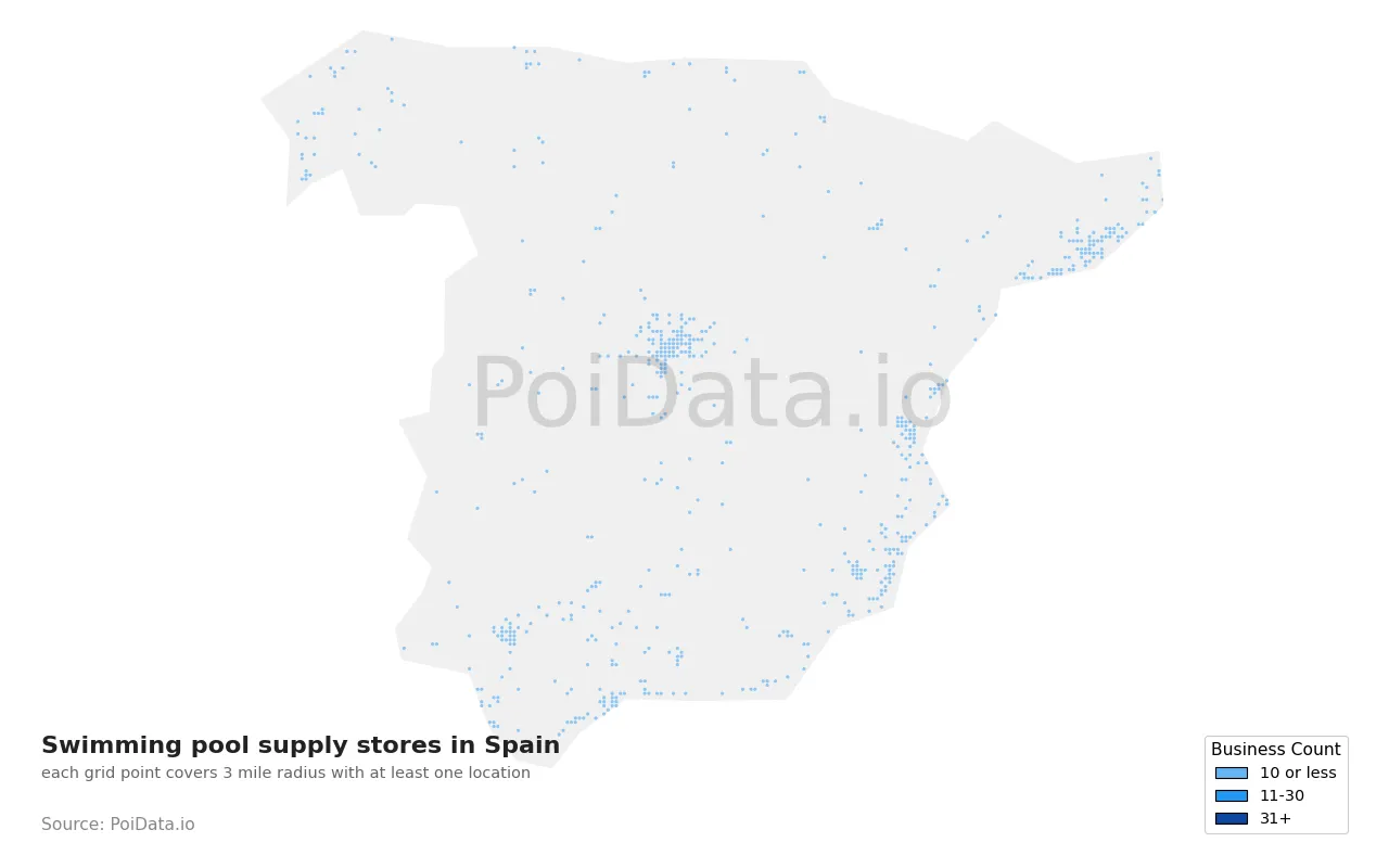 Swimming pool supply store density map for Spain