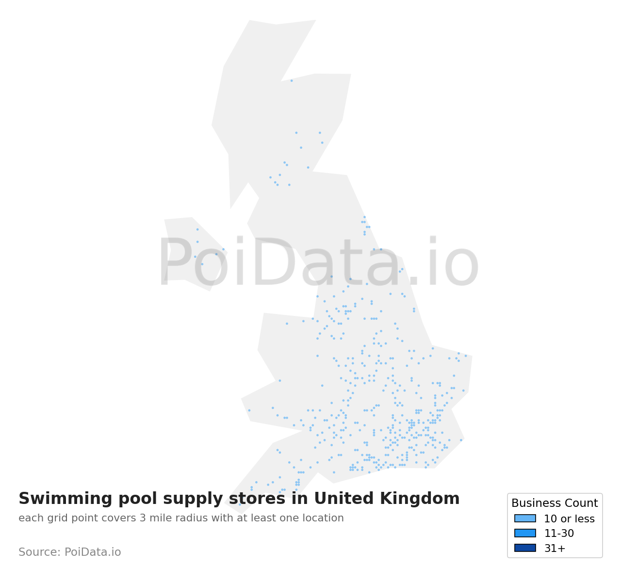 Swimming pool supply store density map for United Kingdom