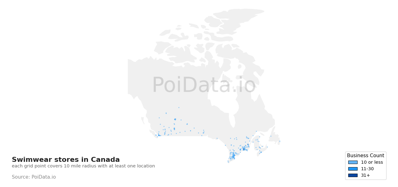 Swimwear store density map for Canada