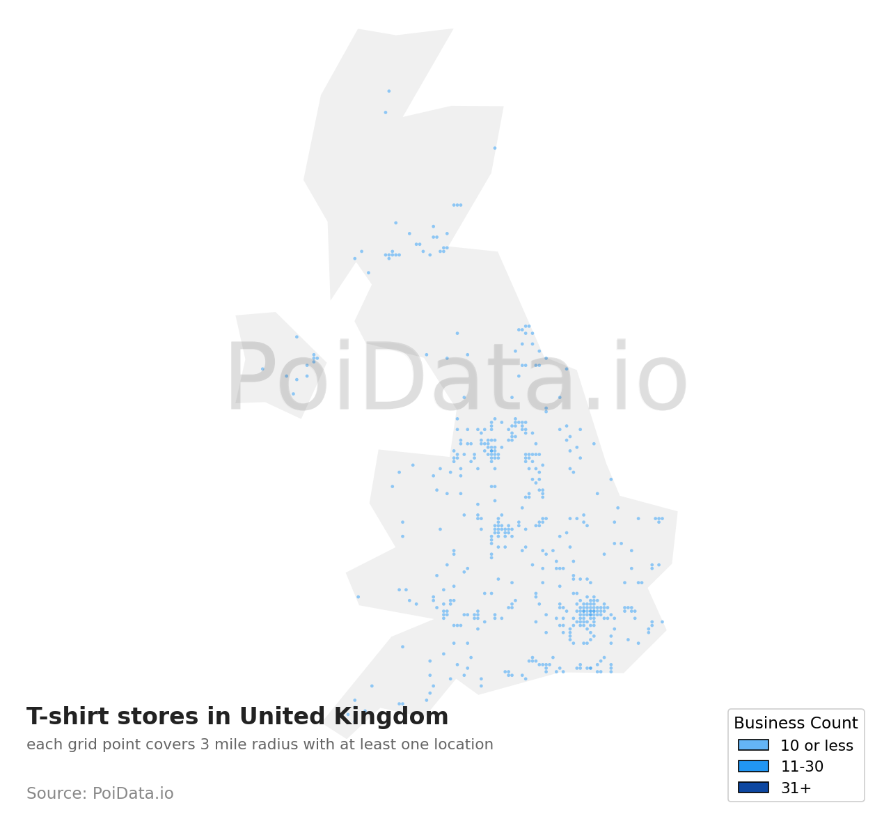 T-shirt store density map for United Kingdom