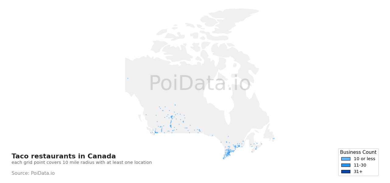 Taco restaurant density map for Canada