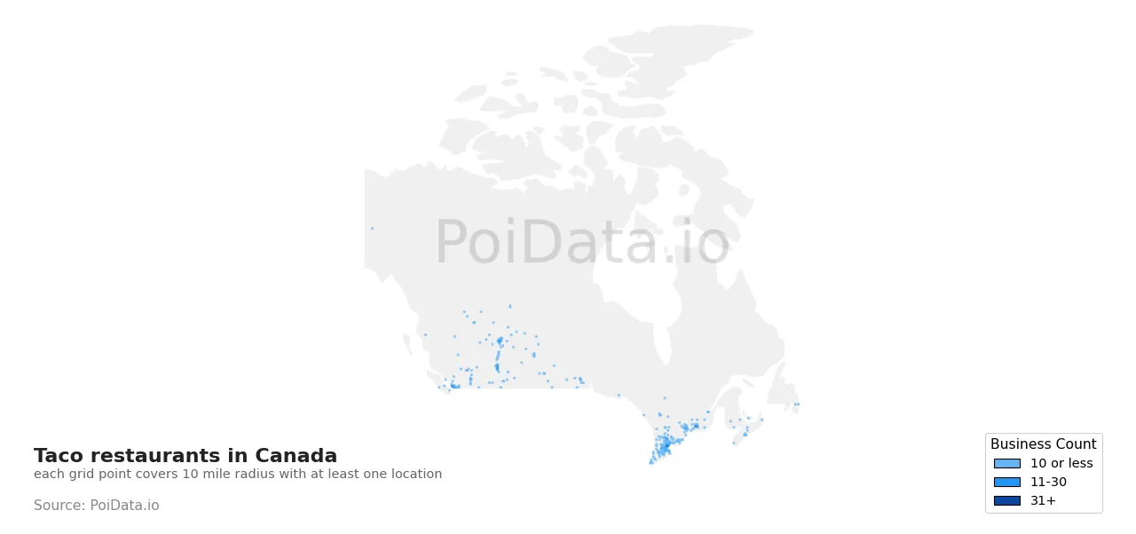 Taco restaurant density map for Canada