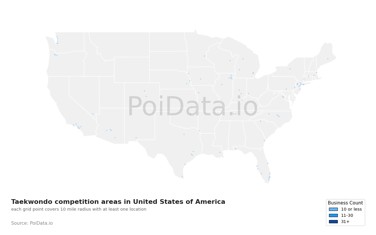 Taekwondo competition area density map for Michigan, United States