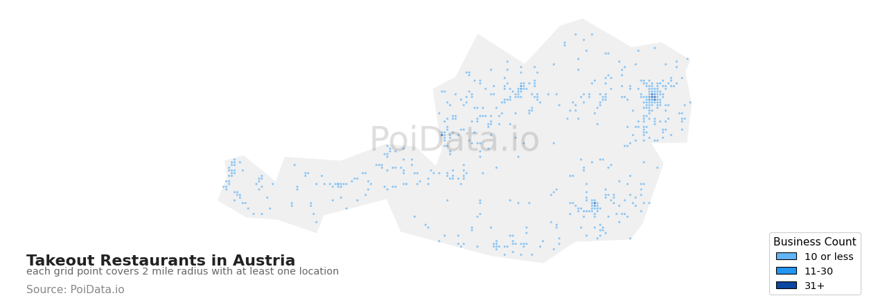 Takeout Restaurant density map for Austria