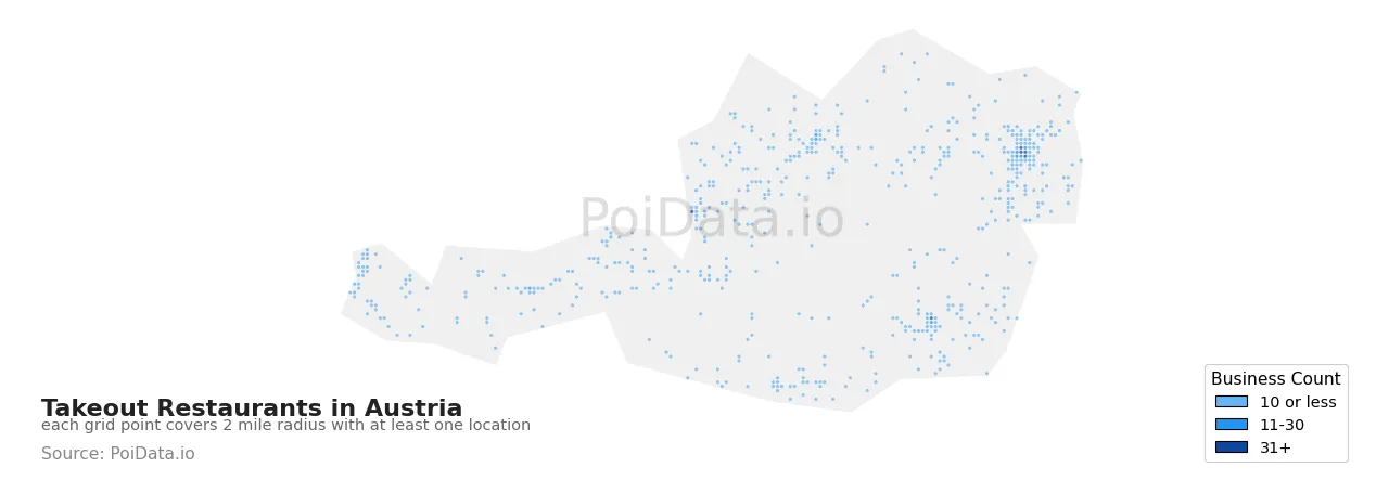 Takeout Restaurant density map for Austria