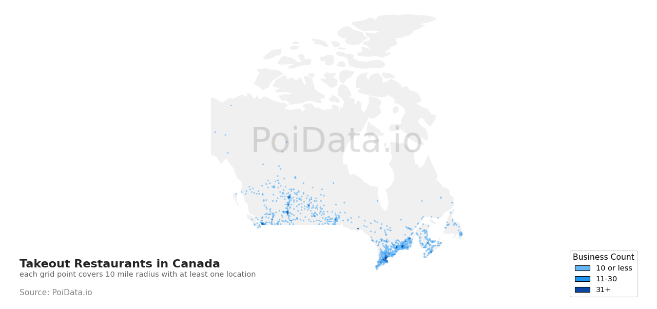 Takeout Restaurant density map for Canada
