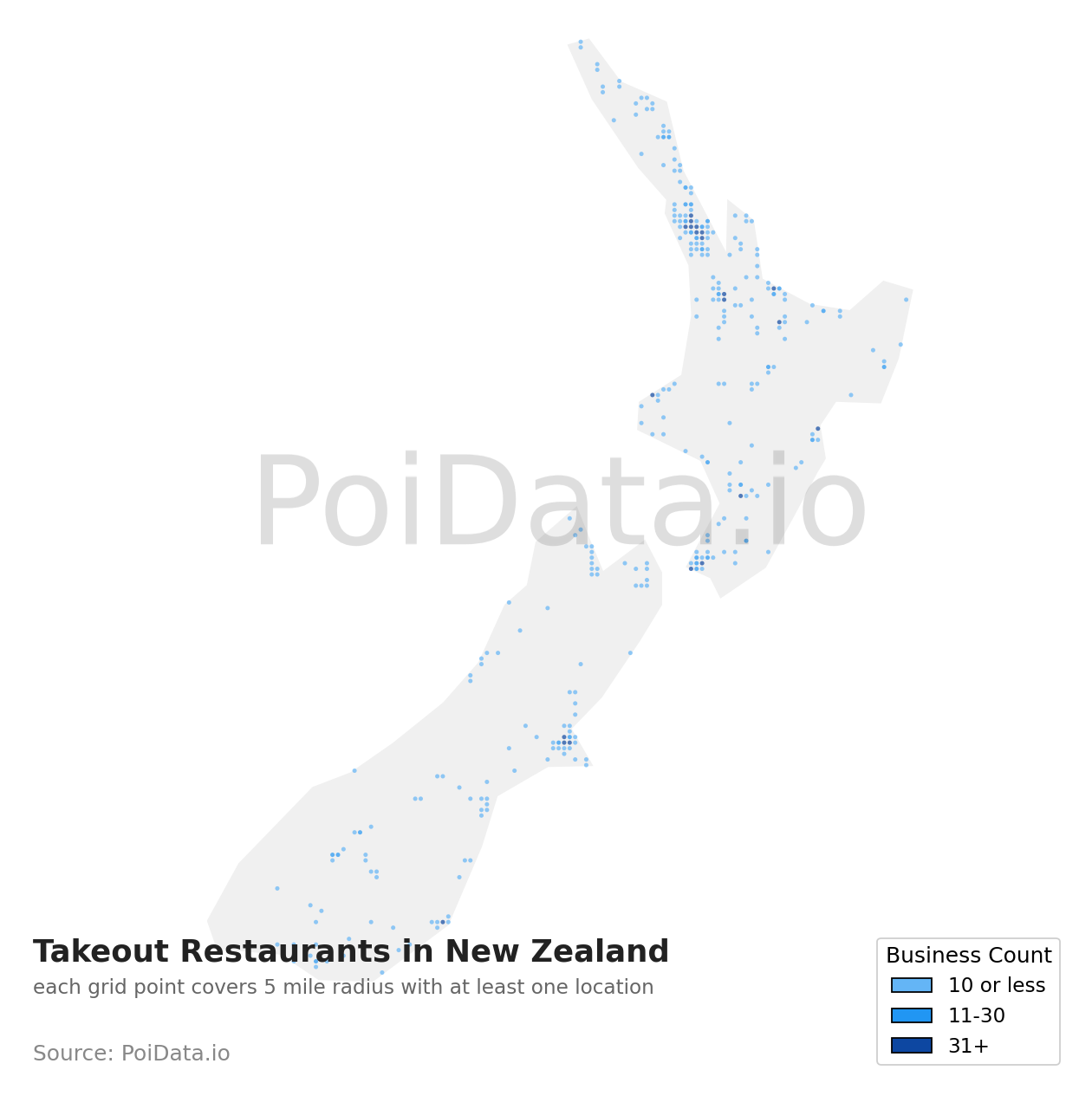 Takeout Restaurant density map for New Zealand