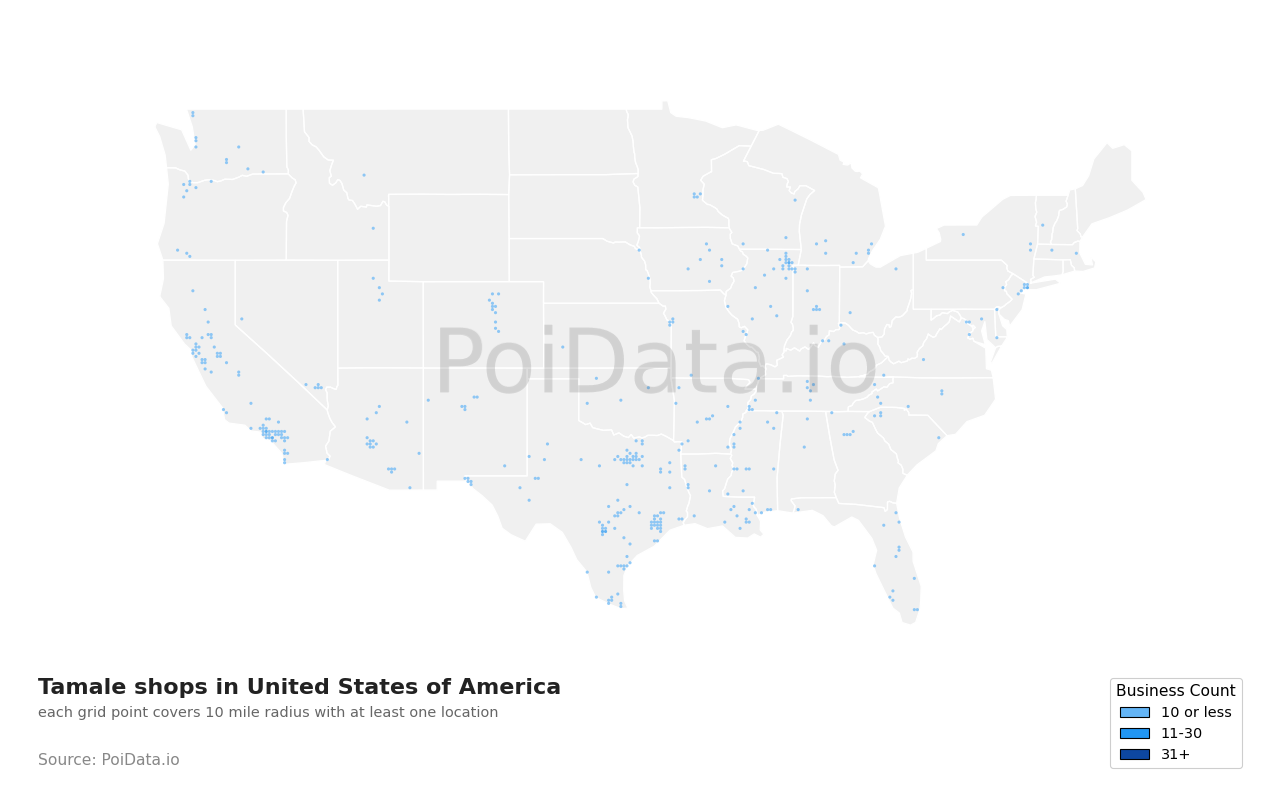 Tamale shop density map for United States