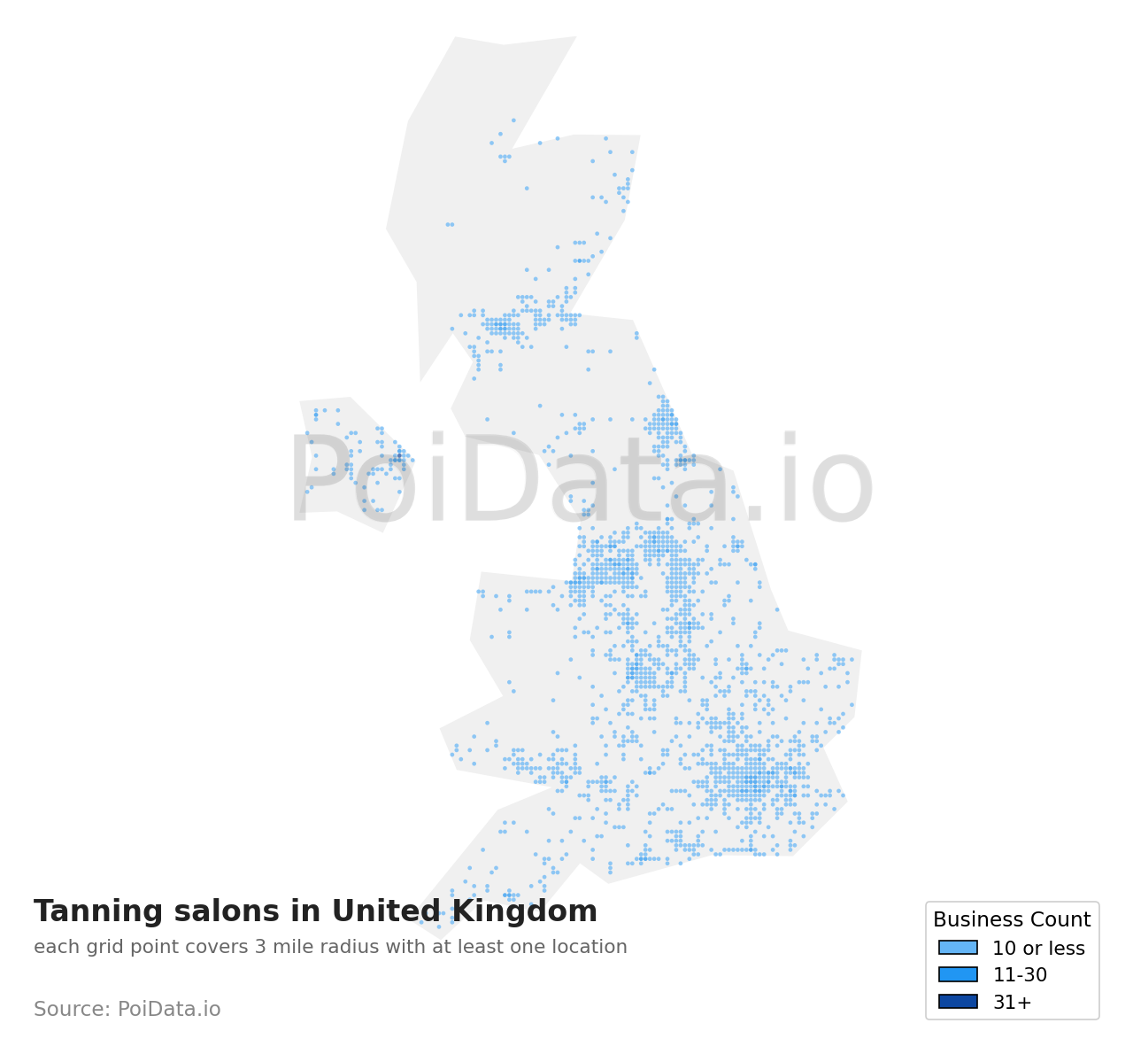 Tanning salon density map for United Kingdom