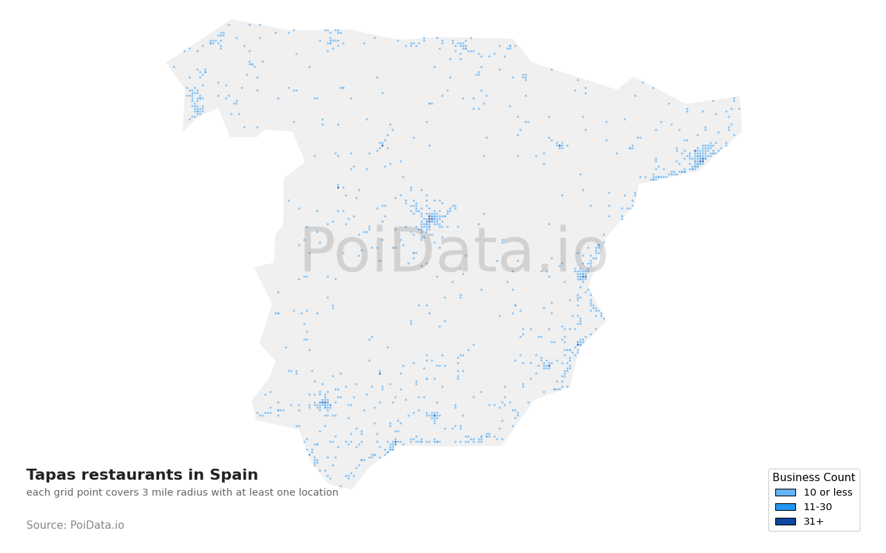 Tapas restaurant density map for Spain