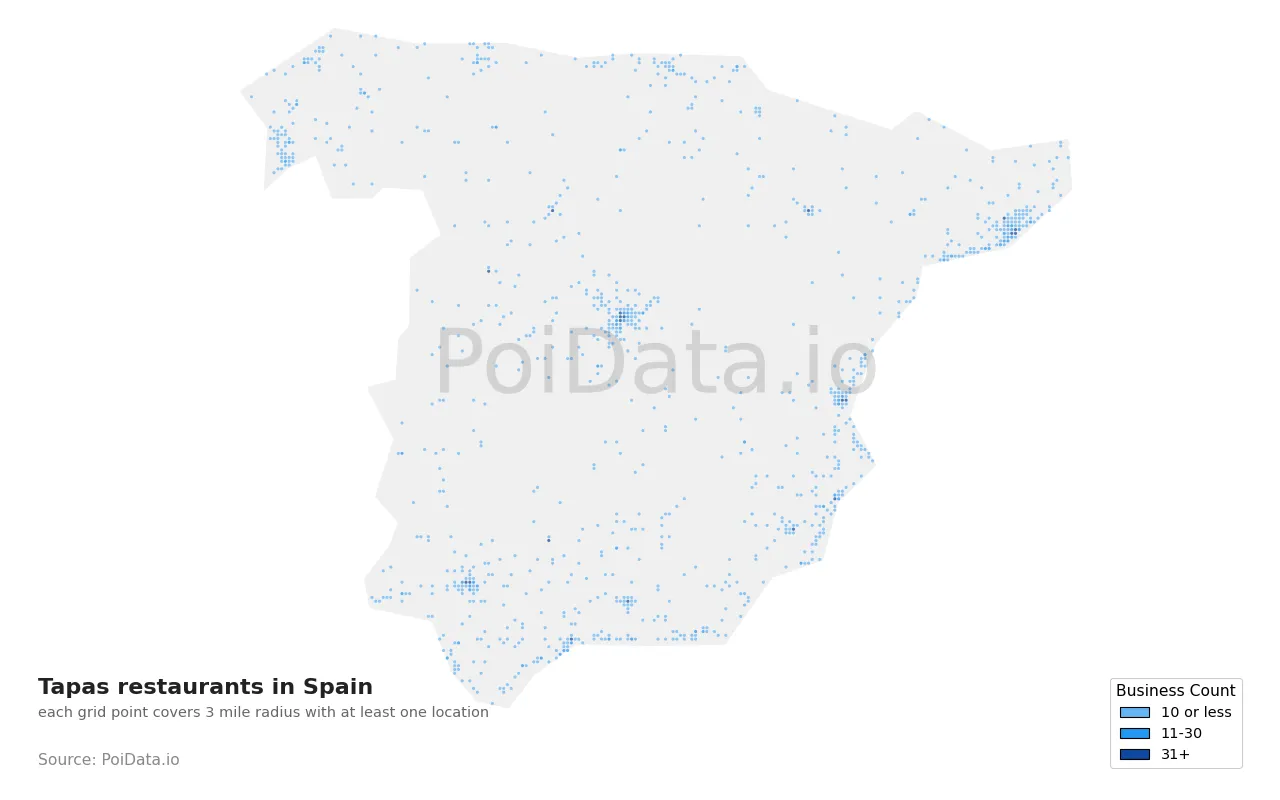 Tapas restaurant density map for Spain
