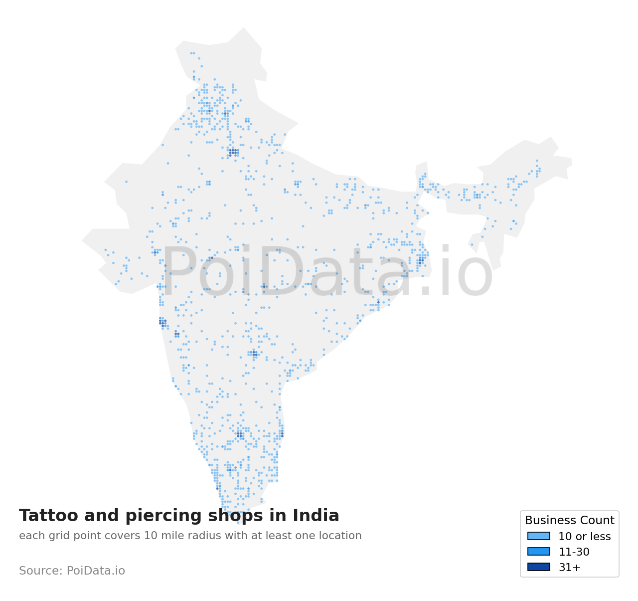Tattoo and piercing shop density map for India