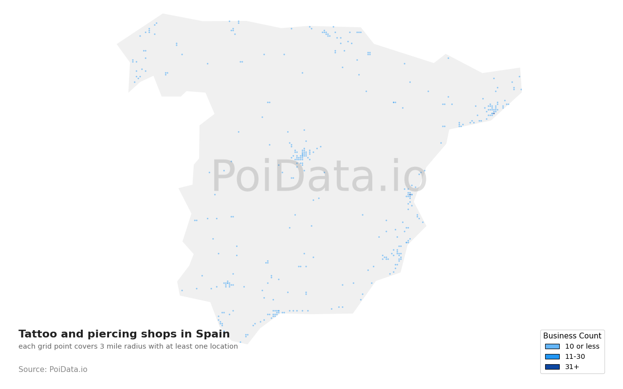 Tattoo and piercing shop density map for Spain