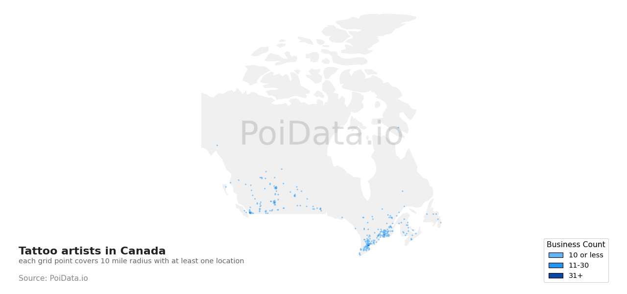 Tattoo artist density map for New Brunswick, Canada