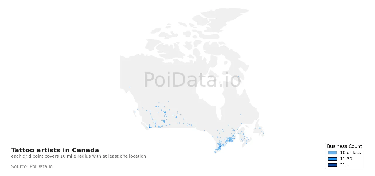 Tattoo artist density map for Canada