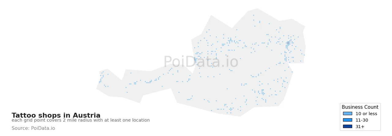 Tattoo shop density map for Austria