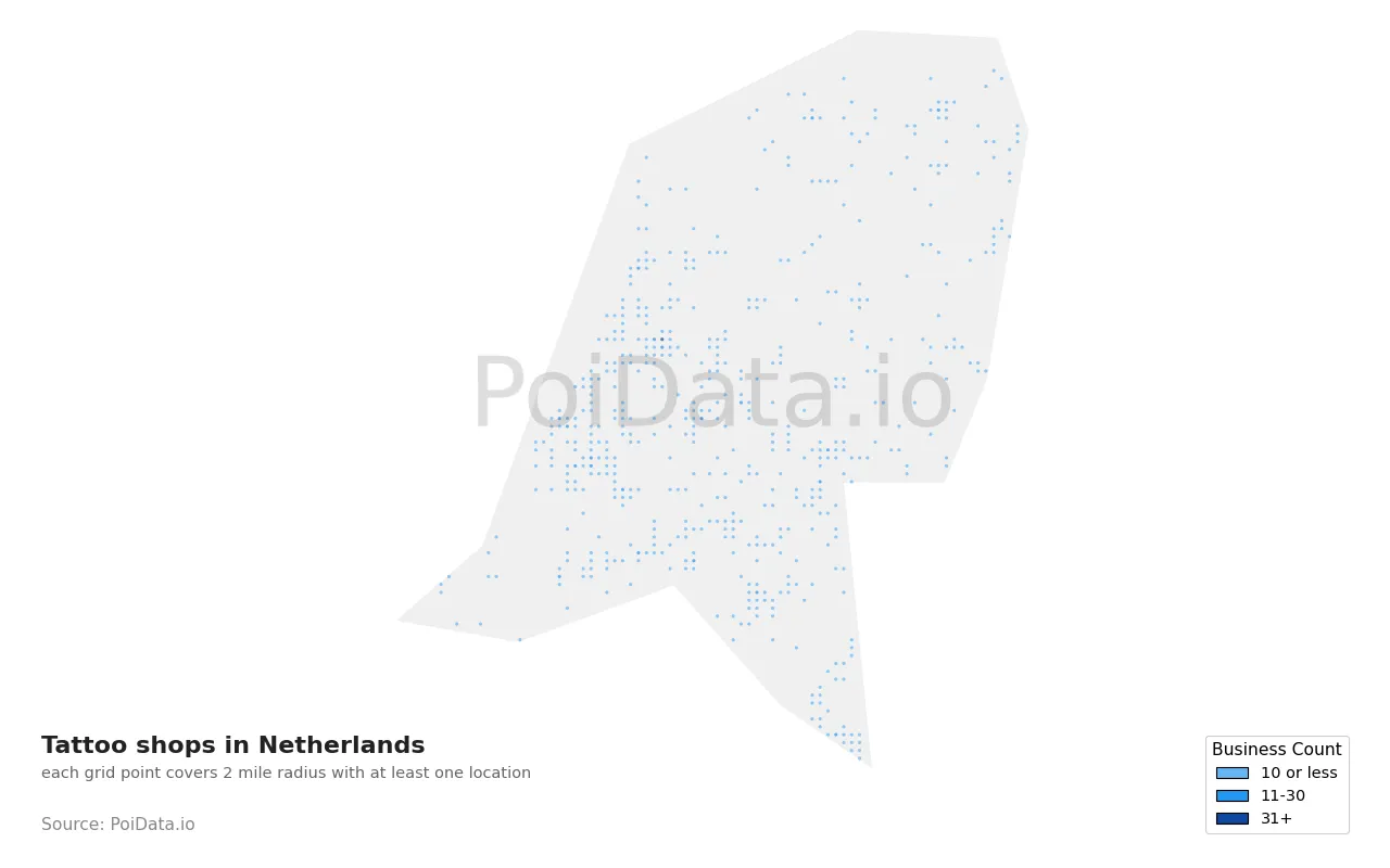 Tattoo shop density map for Netherlands