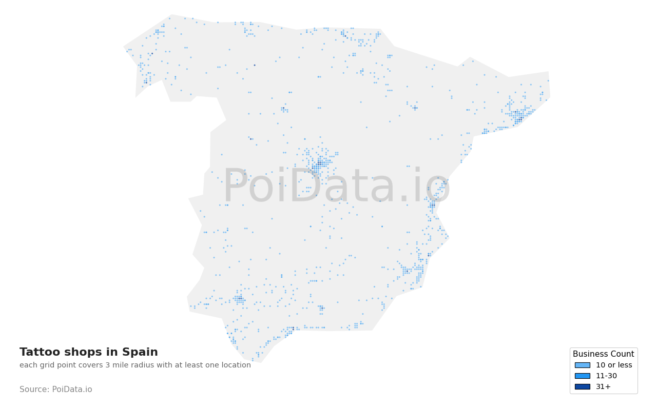 Tattoo shop density map for Spain