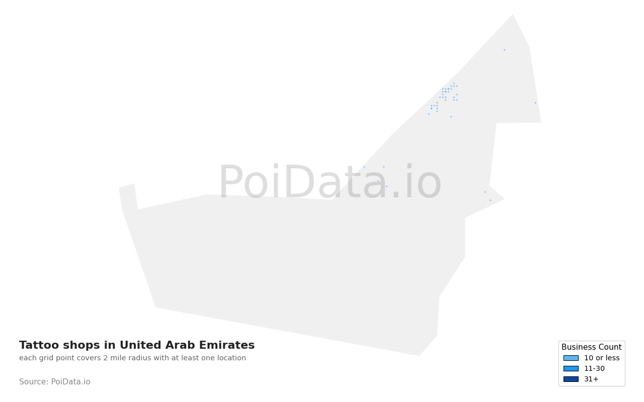 Tattoo shop density map for United Arab Emirates
