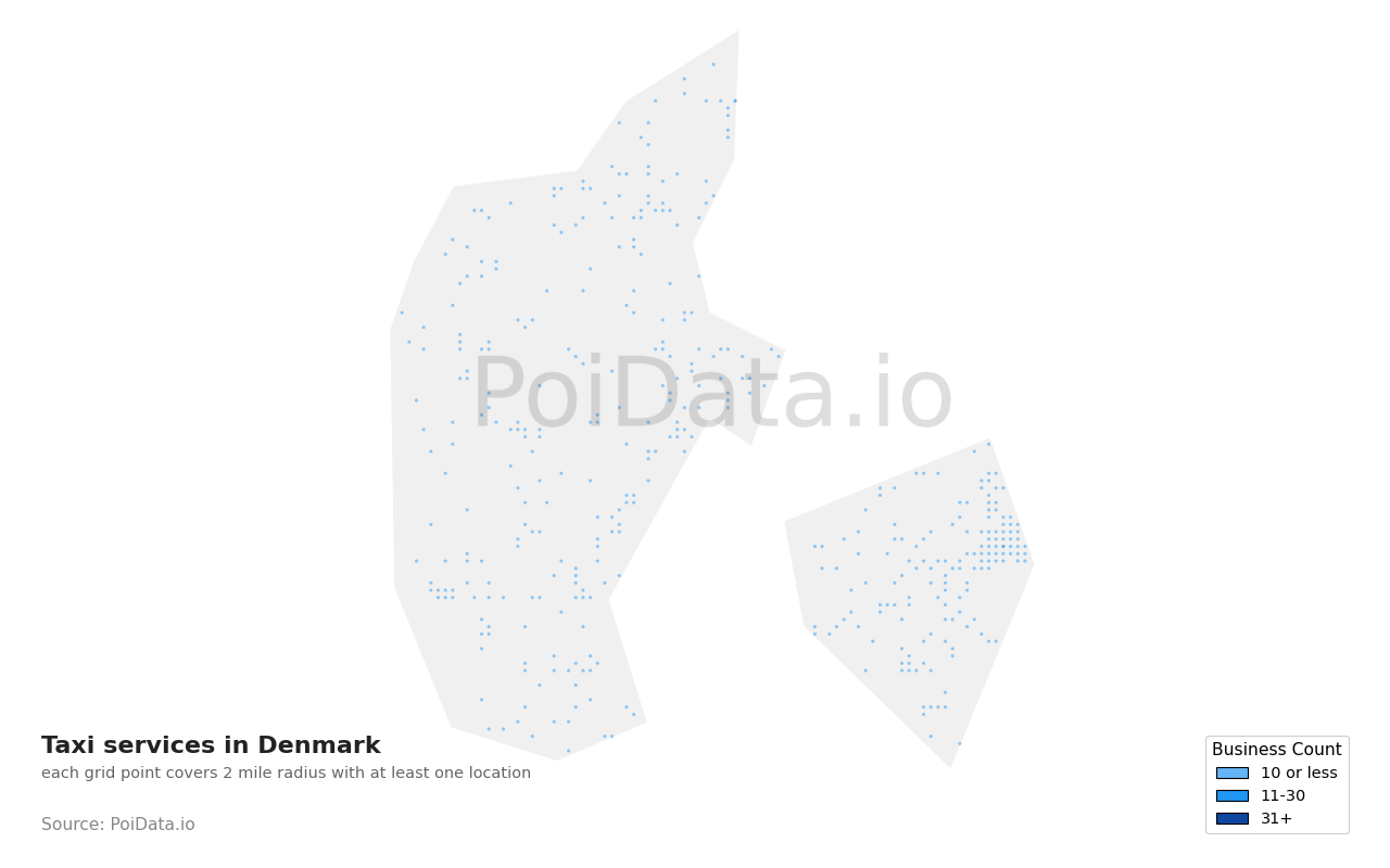 Taxi service density map for Denmark