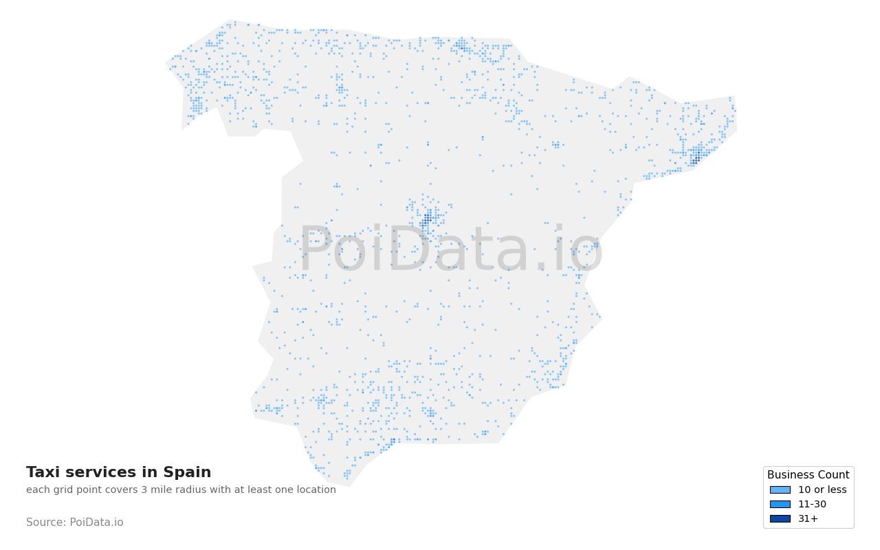 Taxi service density map for Spain