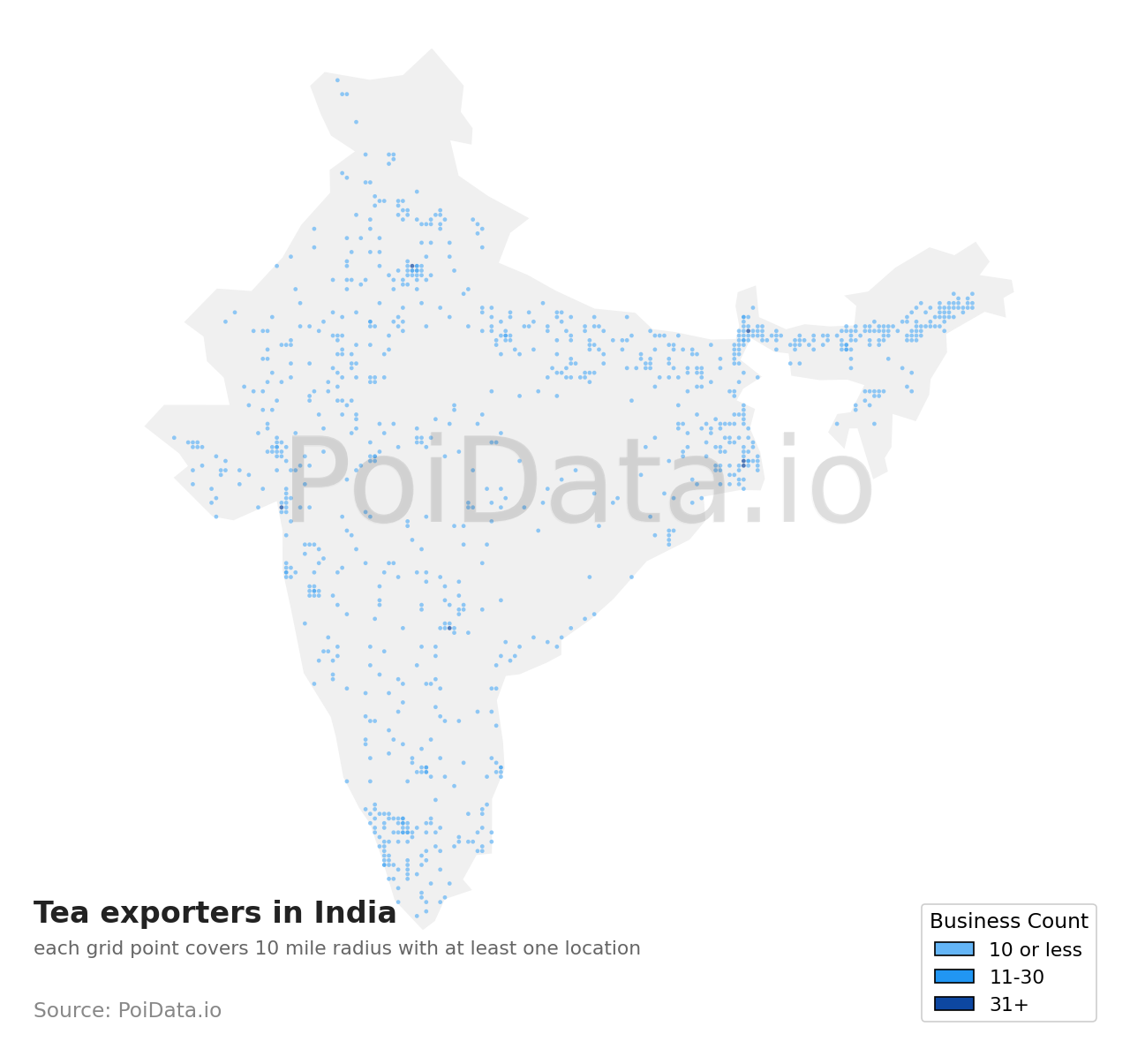 Tea exporter density map for India