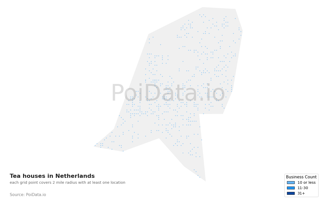 Tea house density map for Netherlands