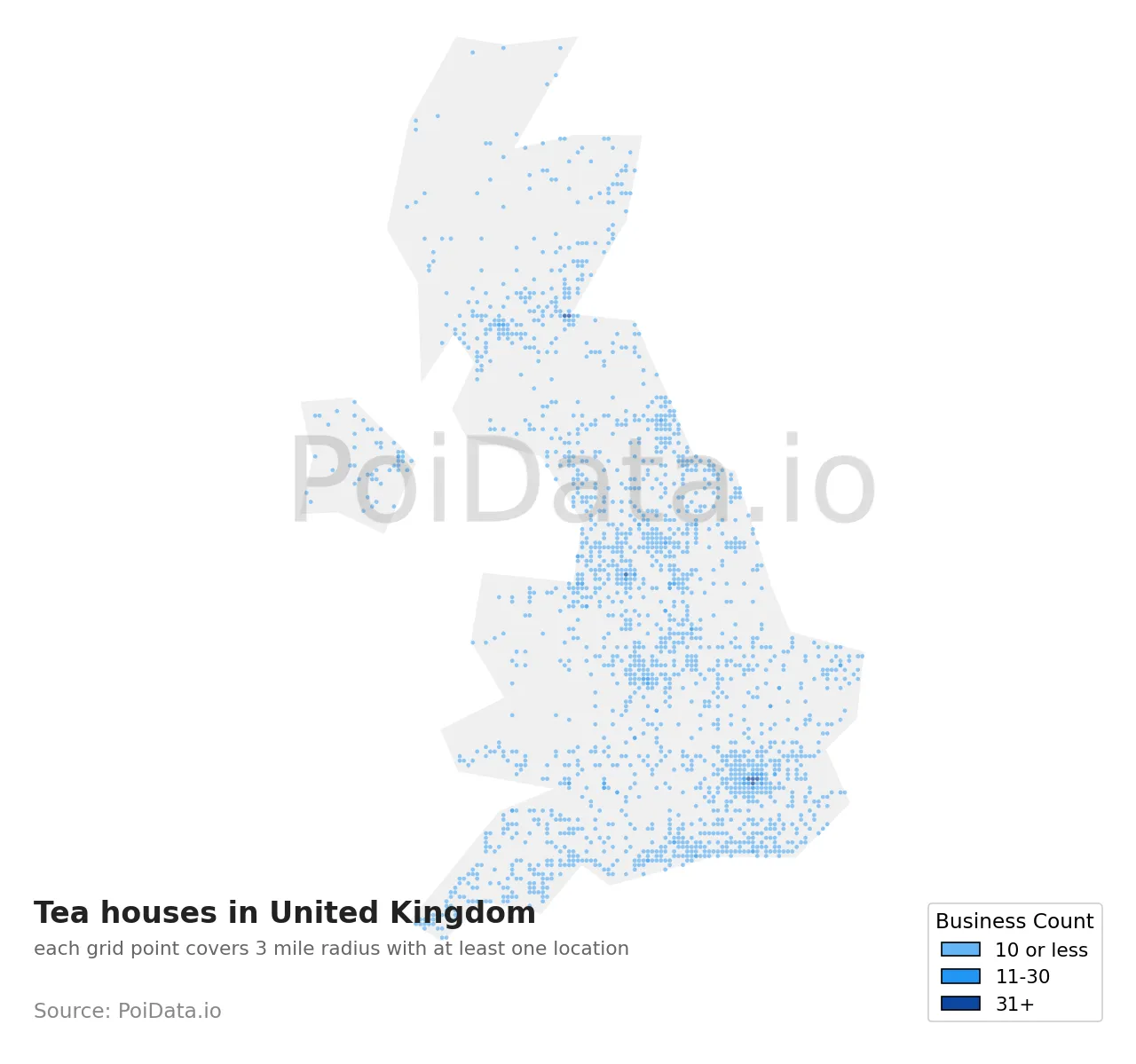 Tea house density map for United Kingdom