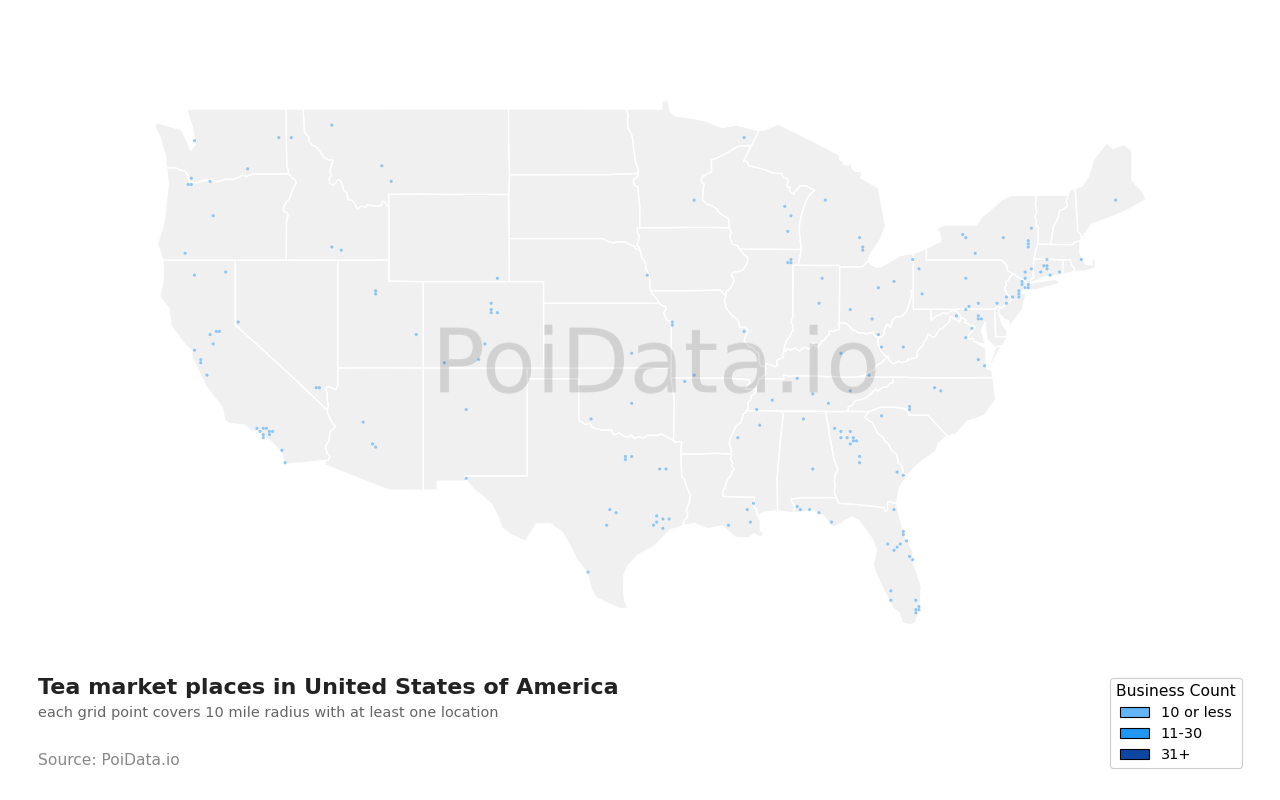 Tea market place density map for Tennessee, United States