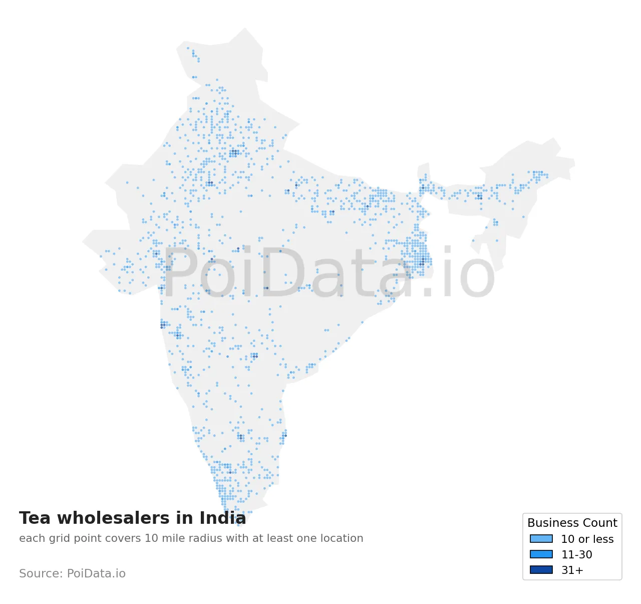 Tea wholesaler density map for India