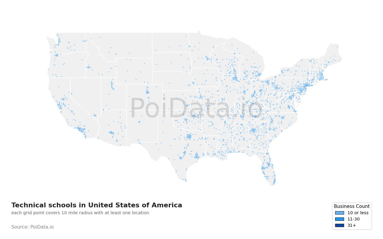 Technical school density map for Texas, United States