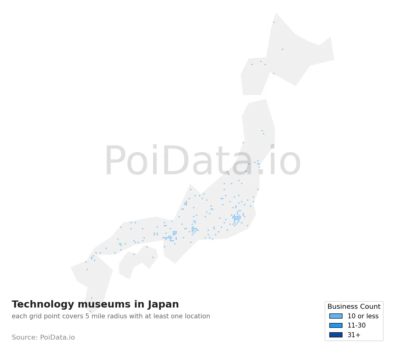 Technology museum density map for Japan