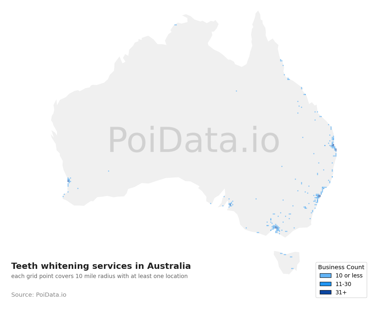 Teeth whitening service density map for Australia
