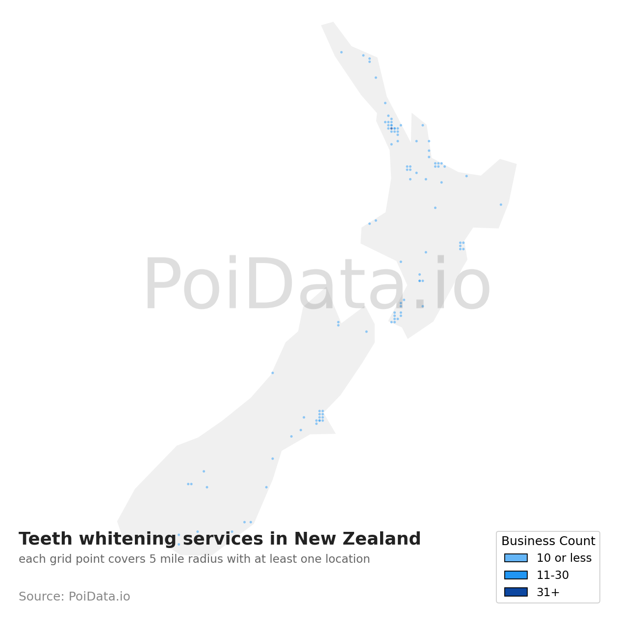 Teeth whitening service density map for New Zealand