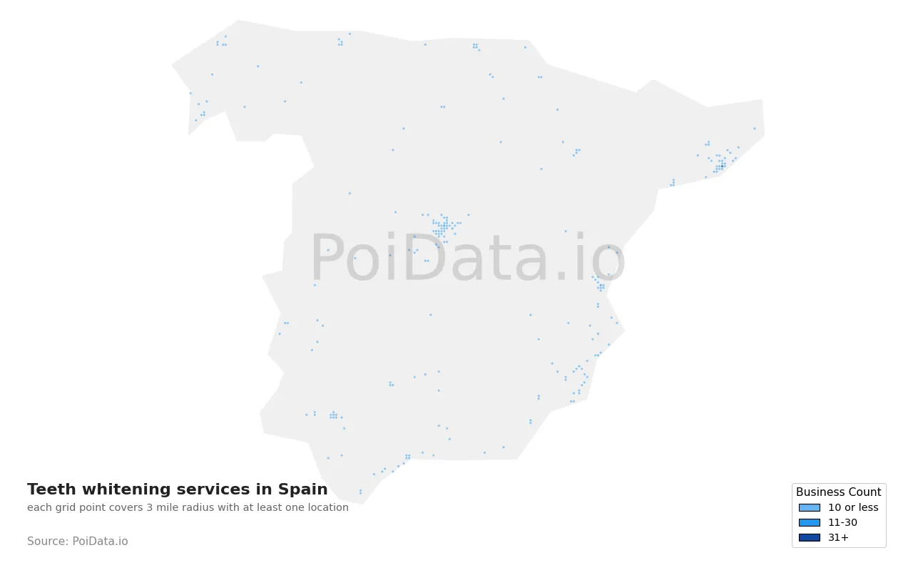 Teeth whitening service density map for Spain