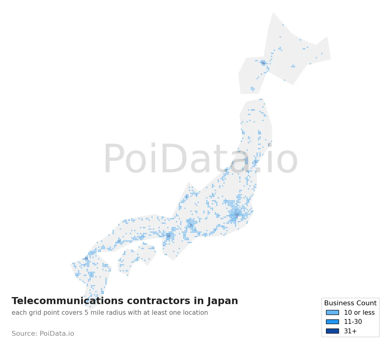 Telecommunications contractor density map for Japan