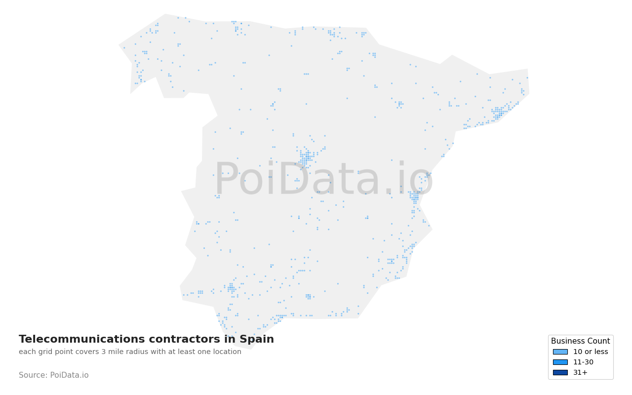 Telecommunications contractor density map for Spain
