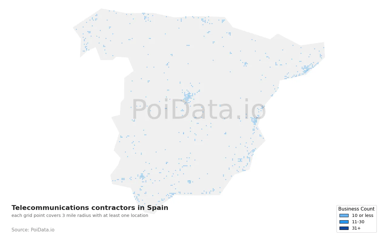 Telecommunications contractor density map for Spain