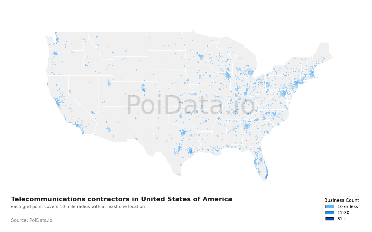 Telecommunications contractor density map for United States