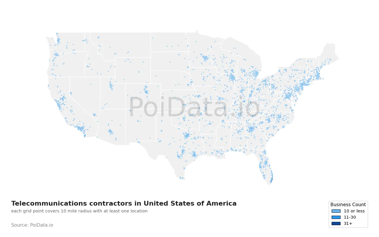 Telecommunications contractor density map for United States