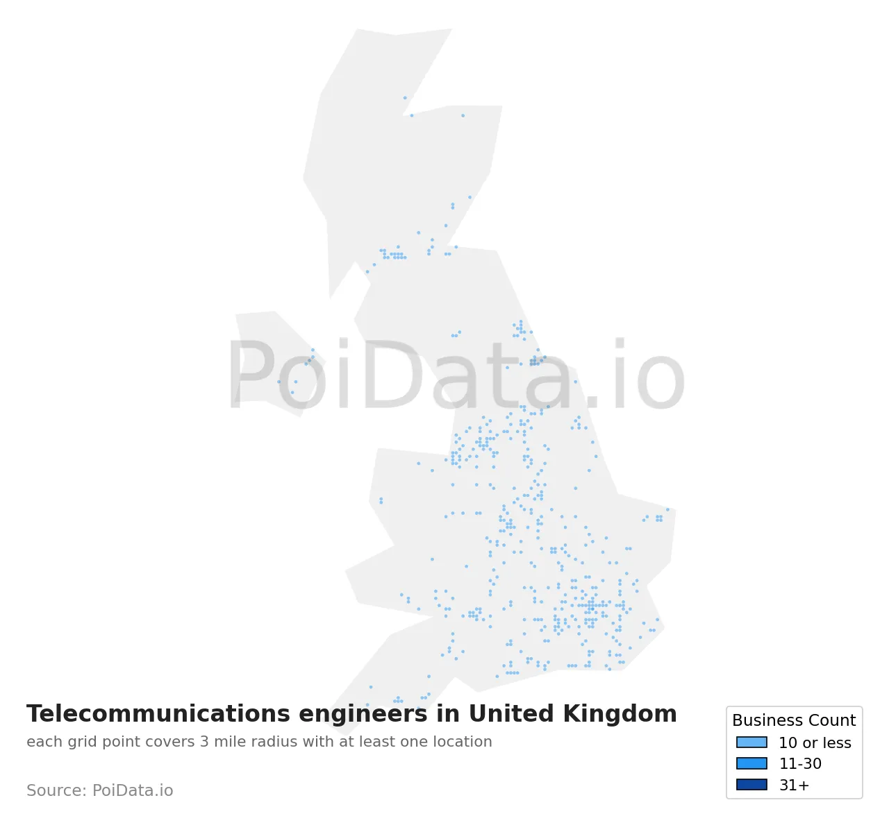Telecommunications engineer density map for United Kingdom