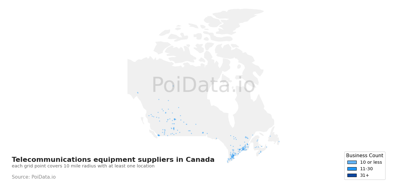 Telecommunications equipment supplier density map for Canada