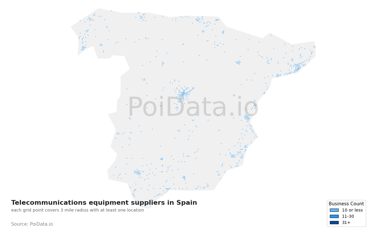 Telecommunications equipment supplier density map for Spain