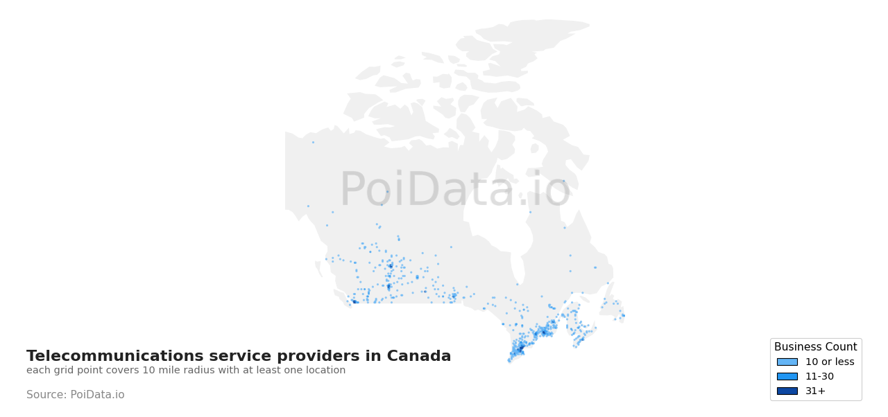 Telecommunications service provider density map for Quebec, Canada