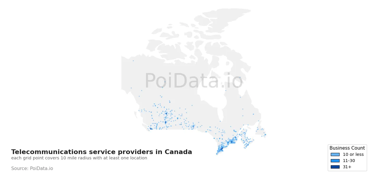Telecommunications service provider density map for Canada