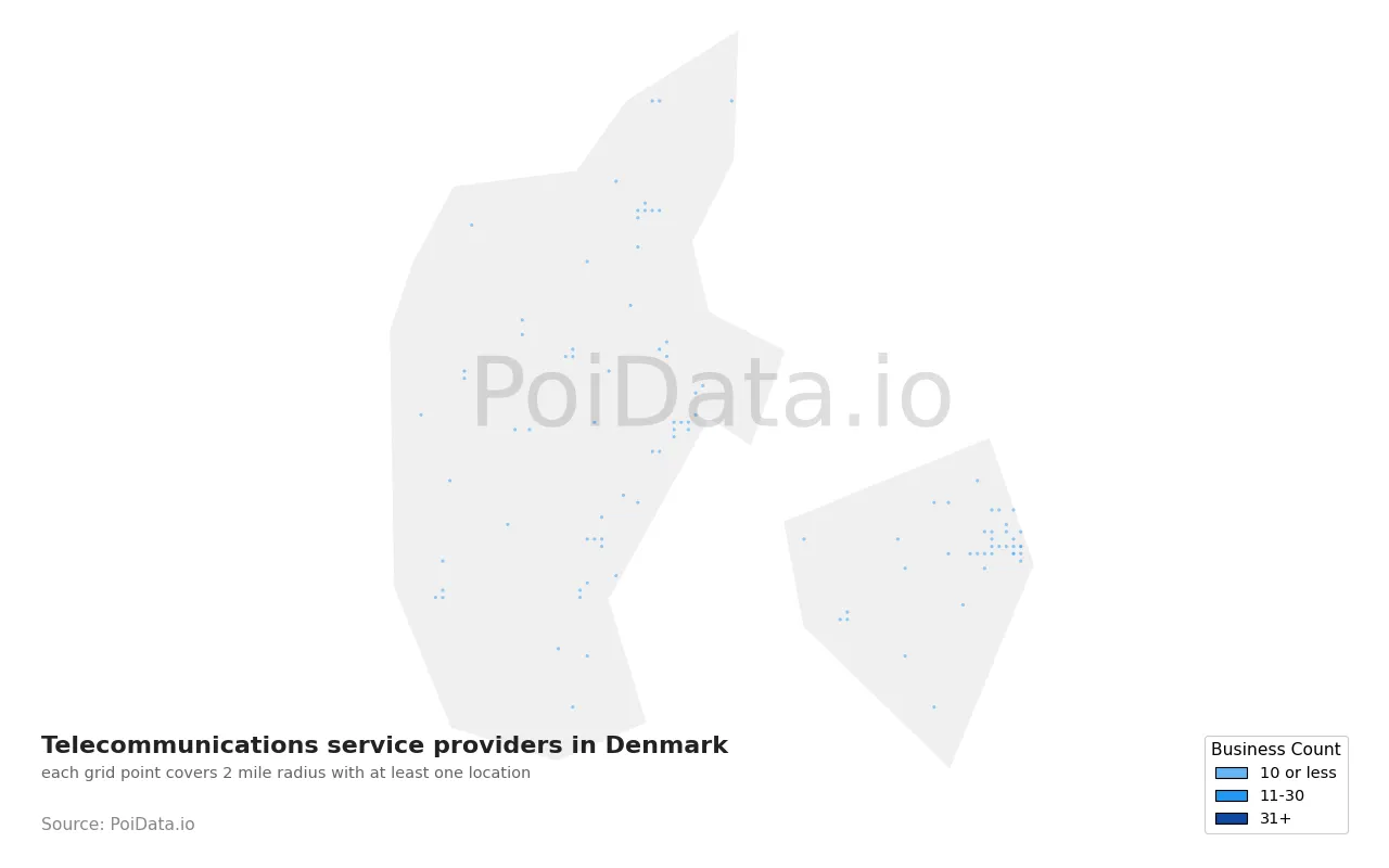 Telecommunications service provider density map for Denmark