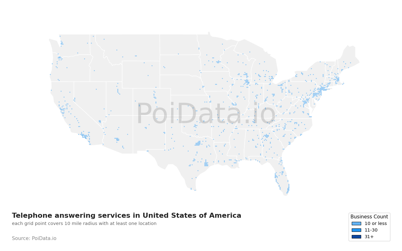 Telephone answering service density map for United States