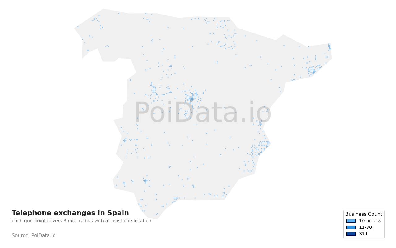 Telephone exchange density map for Spain