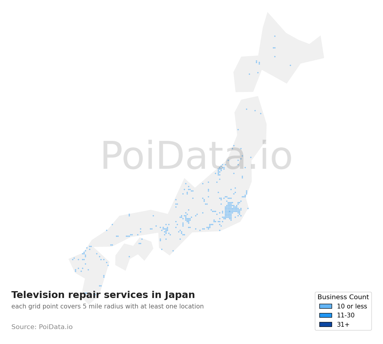 Television repair service density map for Shizuoka, Japan