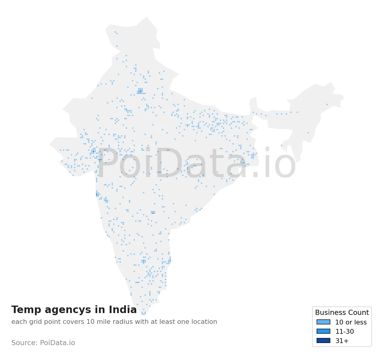 Temp agency density map for India